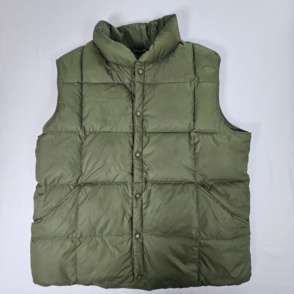 Lands End Mens Puffer Vest Large Olive Green Down Filled Quilted Snap Front